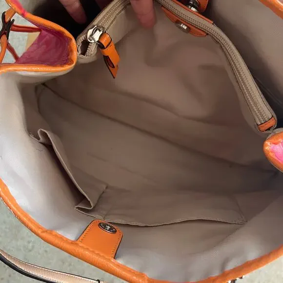 Coach Pink Signature Stripe Tote Bag Orange Trim Leather Handbag - Picture 8 of 14
